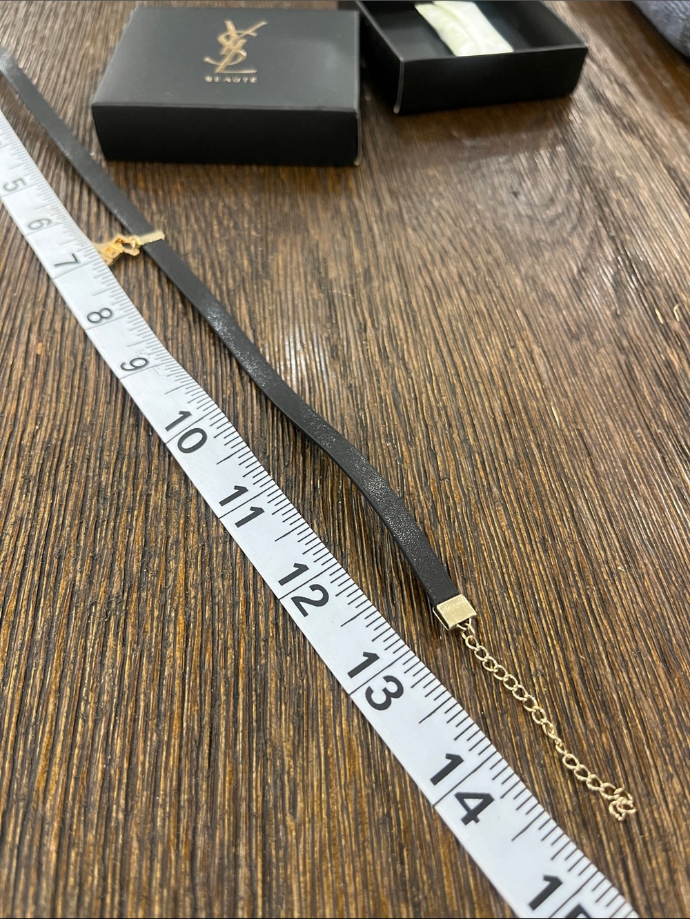 Yves Saint Laurent Black Leather neck choker with Gold YSL & BEAUTE Charms - Picture 2 of 3